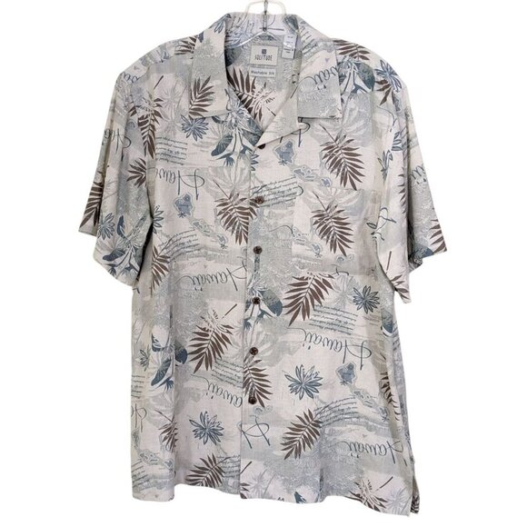 Solitude Mens M Hawaiian Shirt Washable Silk Sage Green Brown Leaf Island Resort - Picture 1 of 5